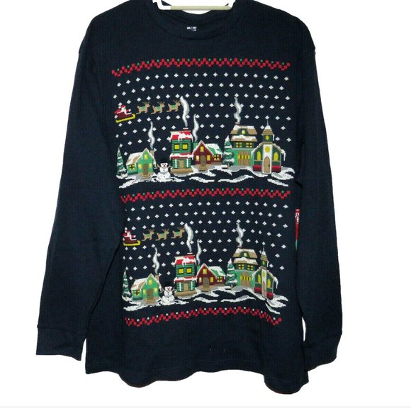 Christmas Cheer Men's 2X Navy Winter Santa Village Scene Ugly Christmas Party - Picture 1 of 7
